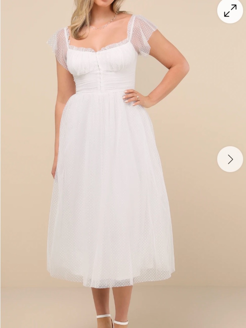 Lulus White Polka Dot Tulle Midi Dress M Square Neck Flutter Sleeve Zip - Picture 2 of 13
